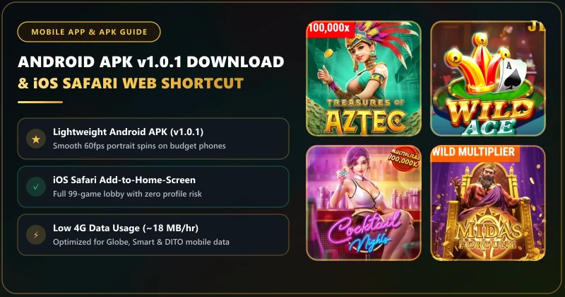 Lucky King Android APK v1.0.1 and iOS Safari mobile web app installation overview with 4G data usage stats