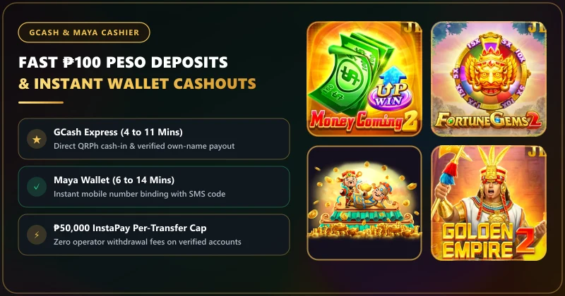 GCash and Maya withdrawal speed comparison chart showing 4 to 14 minute payouts and the 50,000 peso InstaPay ceiling