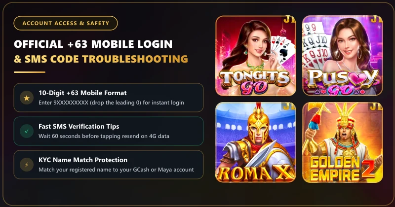 Lucky King mobile login guide showing the 10-digit +63 phone number format and three-step SMS OTP security triggers